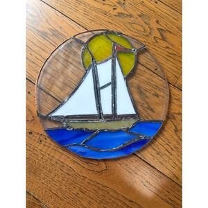 Stained Glass Sailboat Sun Ocean Round Suncatcher Window Art Decor Coastal
